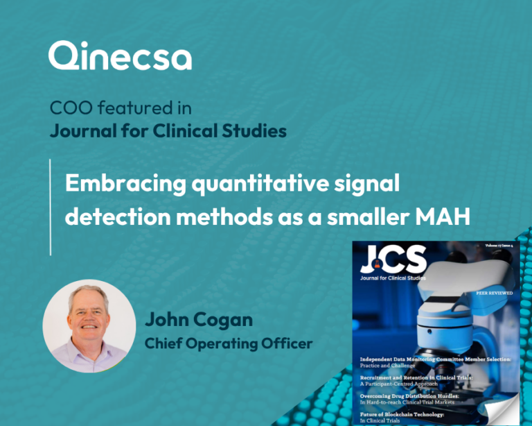 Graphic featuring the Journal for Clinical Studies logo alongside the Qinecsa logo, with a portrait of Qinecsa COO John Cogan announcing article "Embracing quantitative signal detection methods as a smaller MAH".