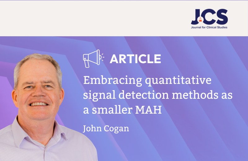 Graphic featuring the Journal for Clinical Studies logo alongside the Qinecsa logo, with a portrait of Qinecsa COO John Cogan announcing article "Embracing quantitative signal detection methods as a smaller MAH".